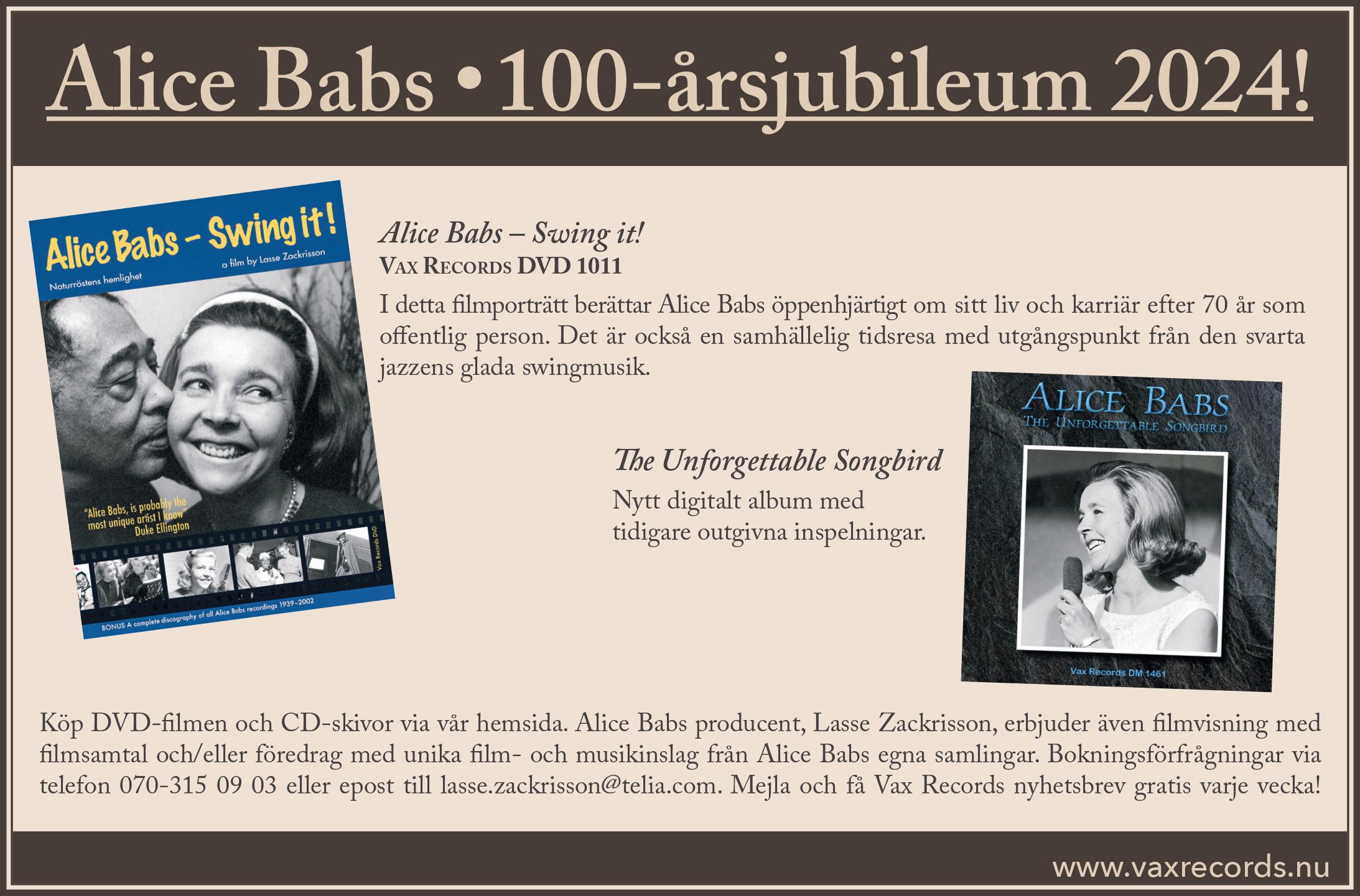 Annons: Alice Babs. 100-årsjubileum 2024